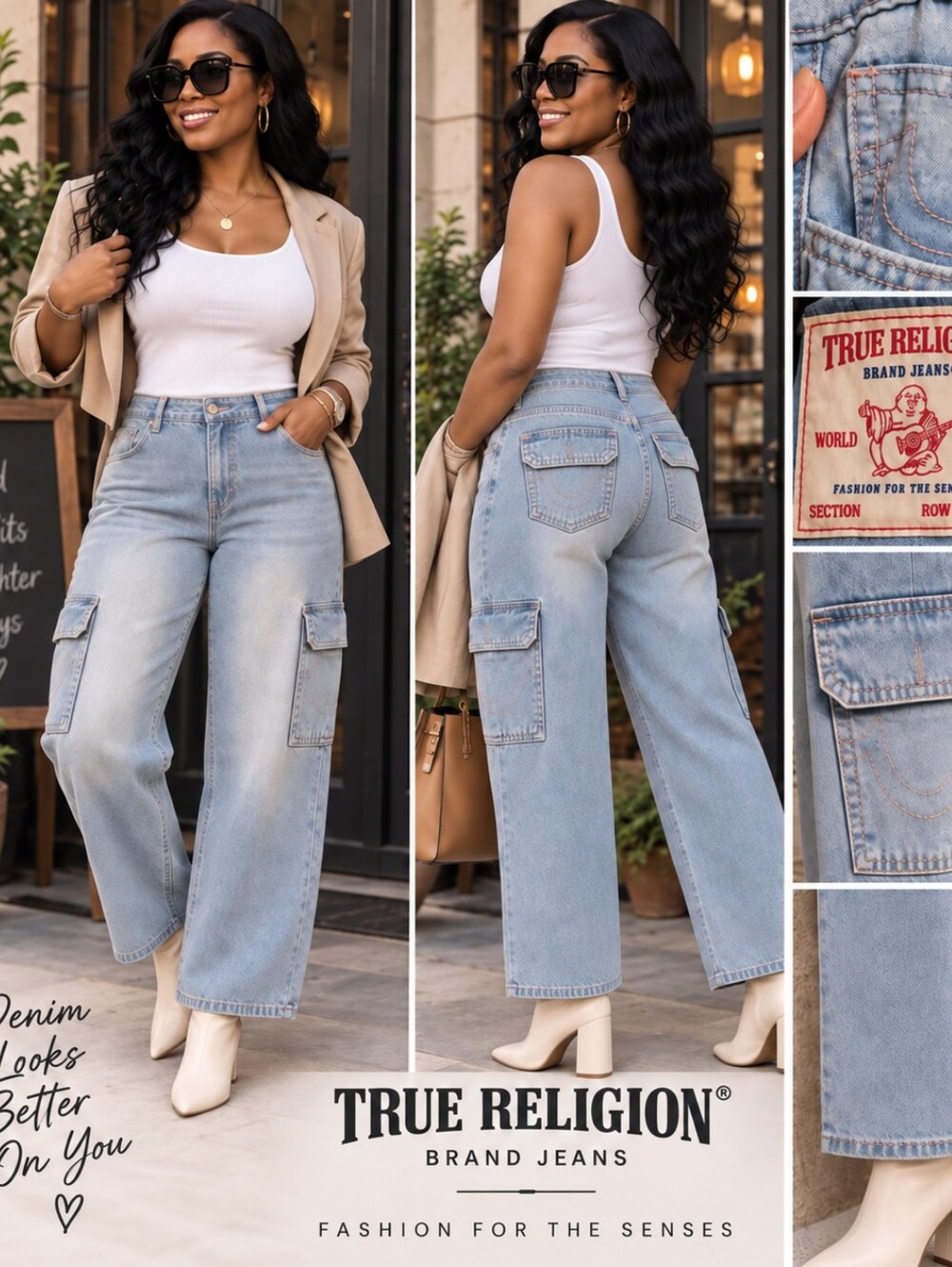 True Religion Bobbi Cargo Jeans Sz 31 NWT Light Wash Wide Leg Denim